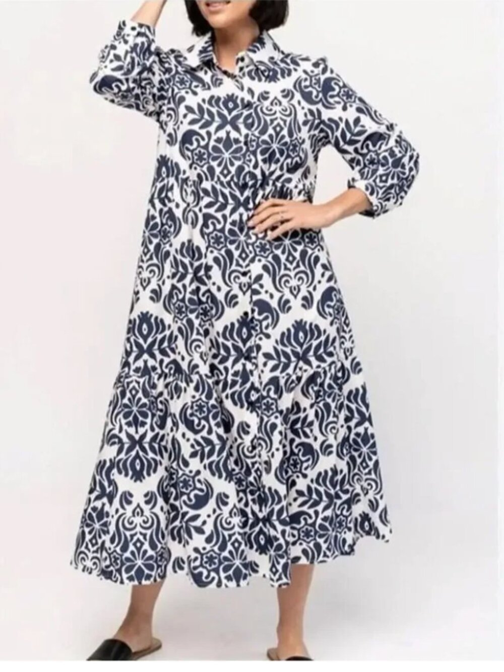 Zara Navy White Damask Print A-Line Midi Shirt Dress Size M
